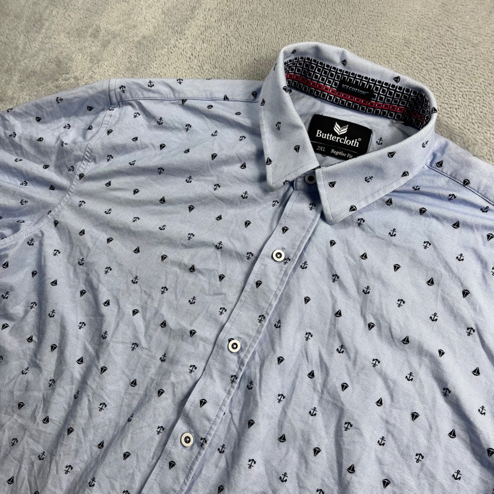 Buttercloth Icy Cotton Mens 2XL Blue Anchor Sailboat Button Down‎ Shirt